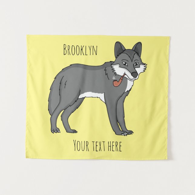 Gray wolf with pipe cartoon illustration tapestry (Front (Horizontal))