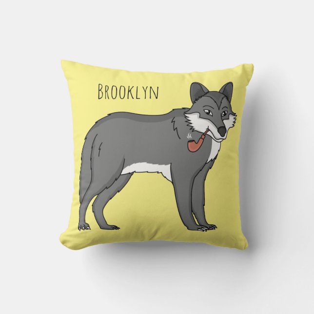 Gray wolf with pipe cartoon illustration throw pillow (Front)