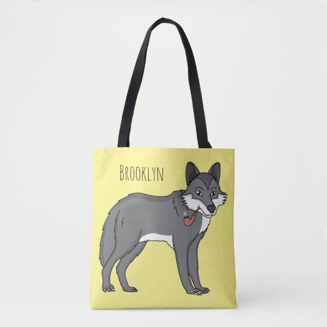 Gray wolf with pipe cartoon illustration  tote bag (Front)