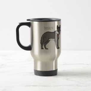 Gray wolf with pipe cartoon illustration travel mug