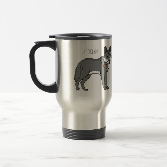 Gray wolf with pipe cartoon illustration travel mug (Left)