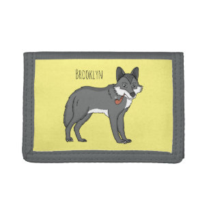 Gray wolf with pipe cartoon illustration tri-fold wallet