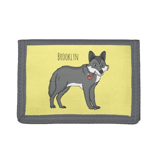 Gray wolf with pipe cartoon illustration trifold wallet (Front)