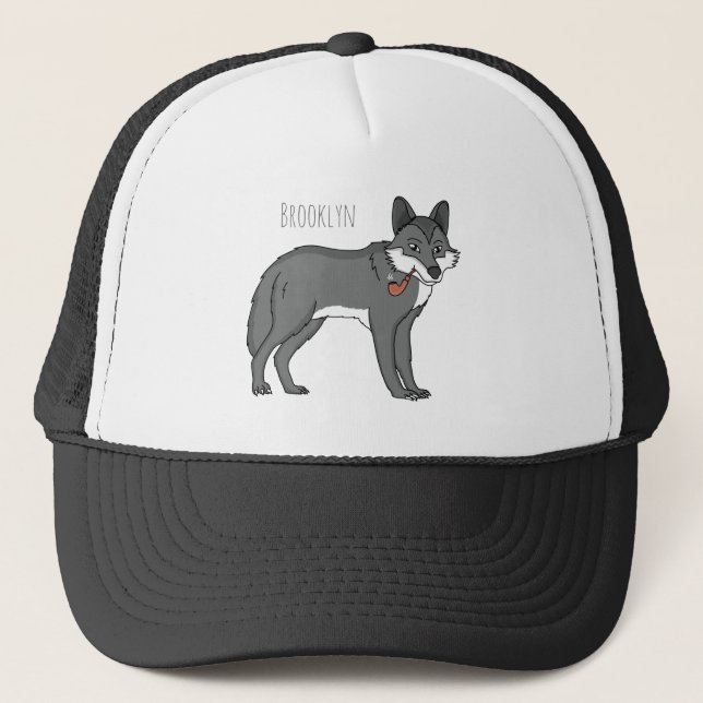 Gray wolf with pipe cartoon illustration trucker hat (Front)