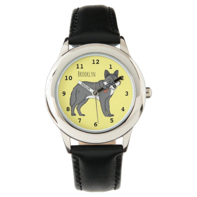 Gray wolf with pipe cartoon illustration watch (Front)