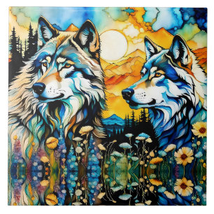 Gray wolves and Wildflowers Ceramic Tile