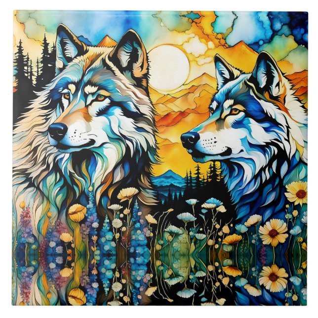 Gray wolves and Wildflowers Ceramic Tile (Front)