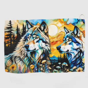 Gray wolves and Wildflowers Golf Towel