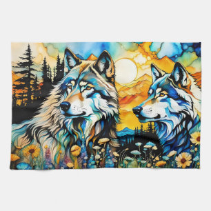 Gray wolves and Wildflowers Kitchen Towel