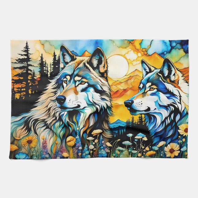Gray wolves and Wildflowers Kitchen Towel (Horizontal)
