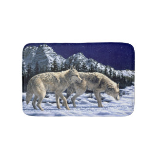 Gray Wolves in Snowy Winter Mountains Bath Mat