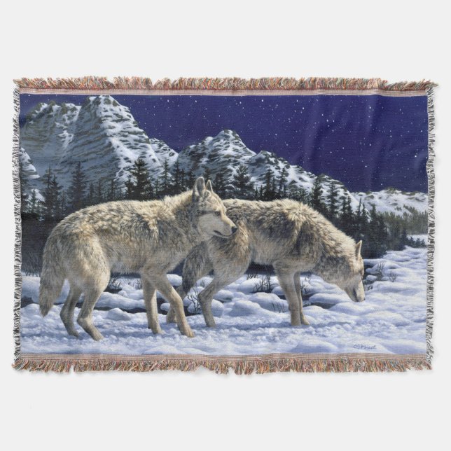 Gray Wolves in Snowy Winter Mountains Throw Blanket (Front)