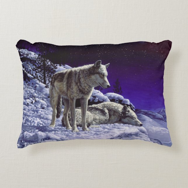 Gray Wolves in Winter Snow at Night Accent Pillow (Front)