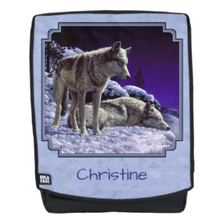 Gray Wolves in Winter Snow at Night Backpack