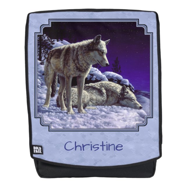 Gray Wolves in Winter Snow at Night Backpack (Front)