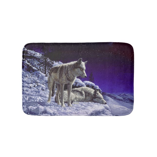 Gray Wolves in Winter Snow at Night Bath Mat (Front)