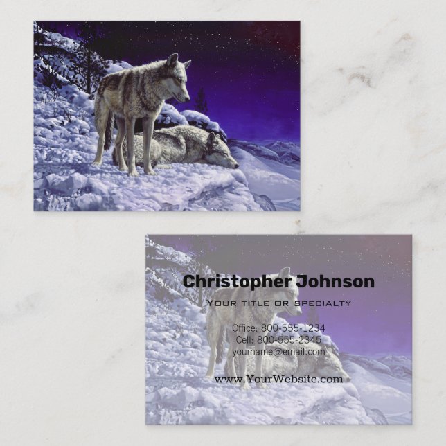 Gray Wolves in Winter Snow at Night Business Card (Front/Back)