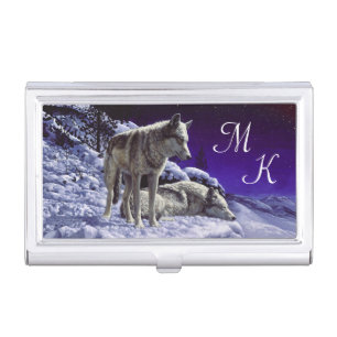 Gray Wolves in Winter Snow at Night Business Card Case