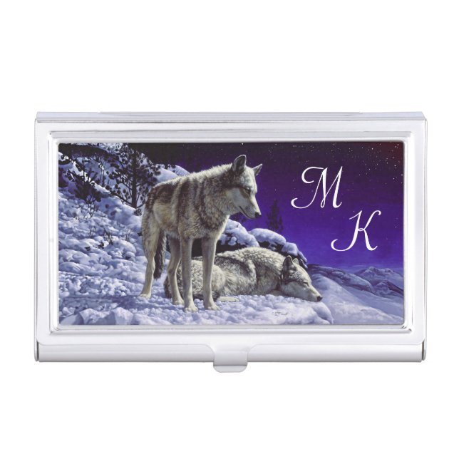 Gray Wolves in Winter Snow at Night Business Card Case (Front)