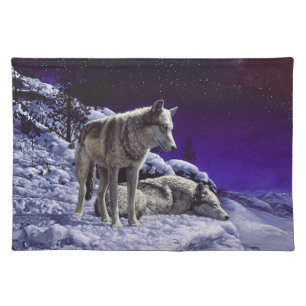 Gray Wolves in Winter Snow at Night Cloth Placemat
