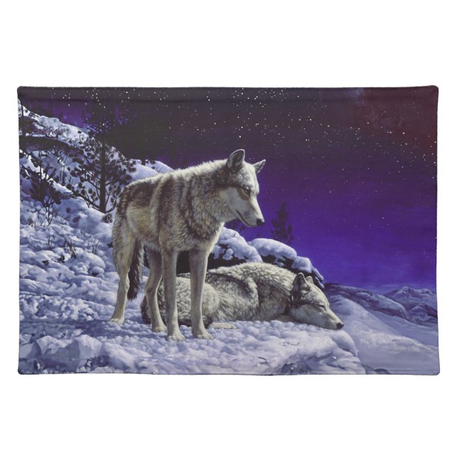Gray Wolves in Winter Snow at Night Cloth Placemat (Front)