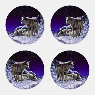 Gray Wolves in Winter Snow at Night Coaster Set