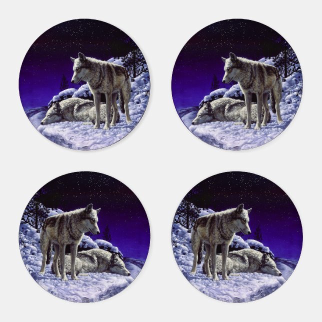Gray Wolves in Winter Snow at Night Coaster Set (Set)