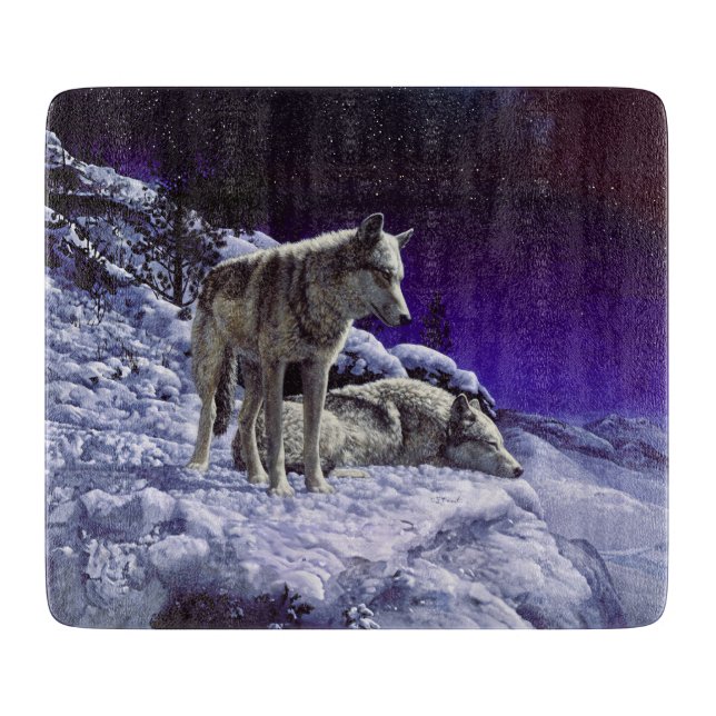 Gray Wolves in Winter Snow at Night Cutting Board (Front)