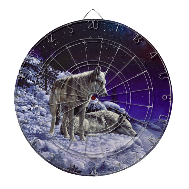Gray Wolves in Winter Snow at Night Dart Board (Front)