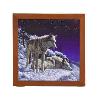 Gray Wolves in Winter Snow at Night Desk Organizer