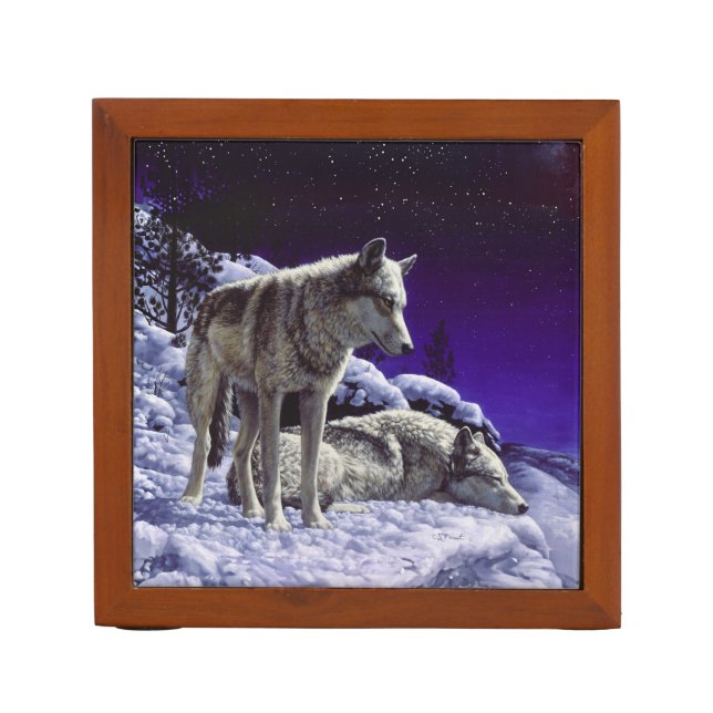 Gray Wolves in Winter Snow at Night Desk Organizer (Front)