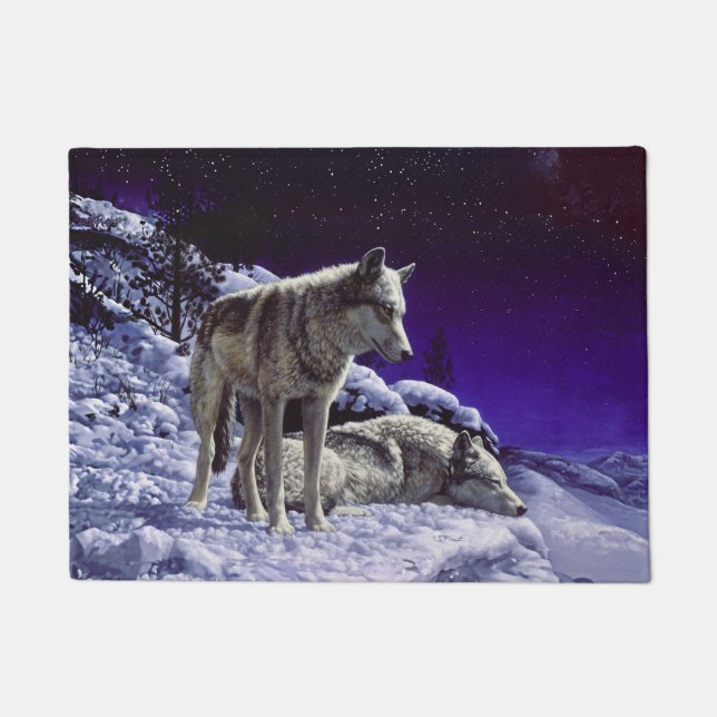 Gray Wolves in Winter Snow at Night Doormat (Front)