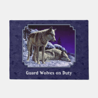 Gray Wolves in Winter Snow at Night Doormat