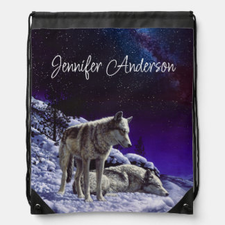 Gray Wolves in Winter Snow at Night Drawstring Bag