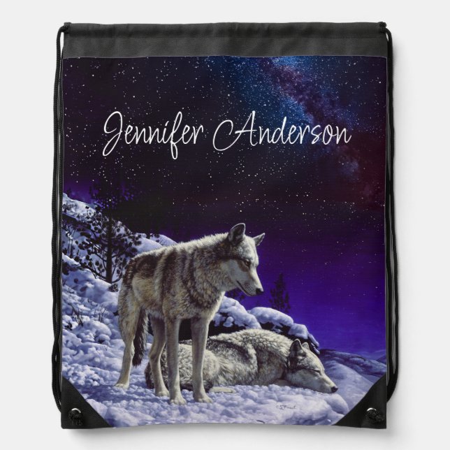 Gray Wolves in Winter Snow at Night Drawstring Bag (Front)