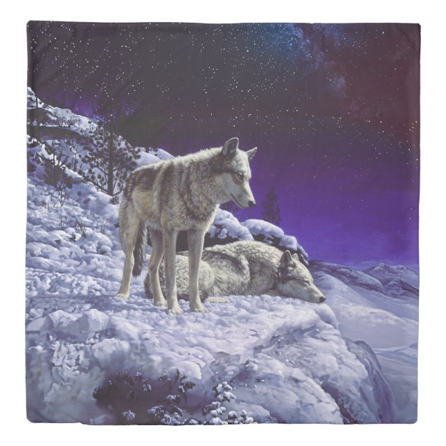 Gray Wolves in Winter Snow at Night Duvet Cover (Front)