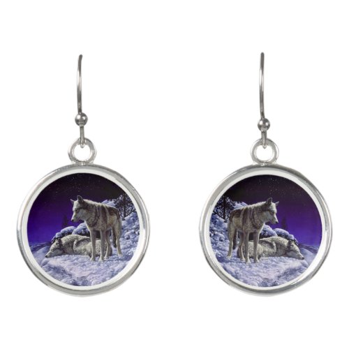 Gray Wolves in Winter Snow at Night Earrings