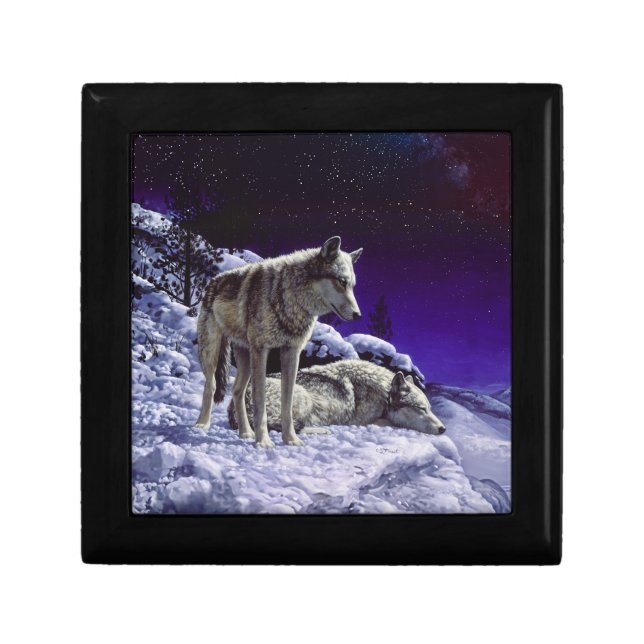Gray Wolves in Winter Snow at Night Gift Box (Front)