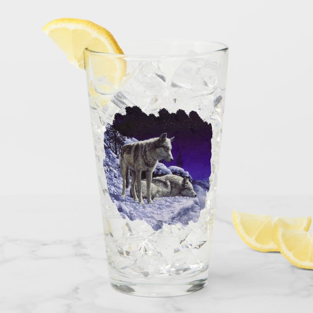 Gray Wolves in Winter Snow at Night Glass (Front Ice)