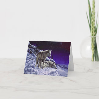 Gray Wolves in Winter Snow at Night Holiday Card