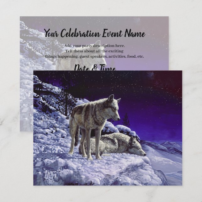 Gray Wolves in Winter Snow at Night Invitation (Front/Back)