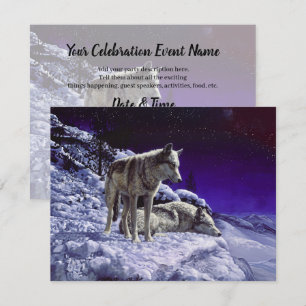 Gray Wolves in Winter Snow at Night Invitation