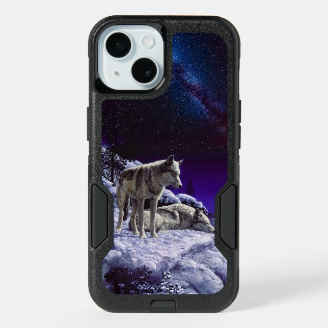 Gray Wolves in Winter Snow at Night iPhone 15 Case (Back)