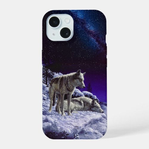 Gray Wolves in Winter Snow at Night iPhone 15 Case