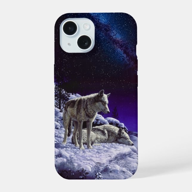 Gray Wolves in Winter Snow at Night iPhone 15 Case (Back)