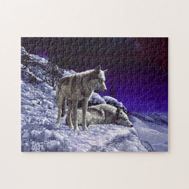 Gray Wolves in Winter Snow at Night Jigsaw Puzzle (Horizontal)