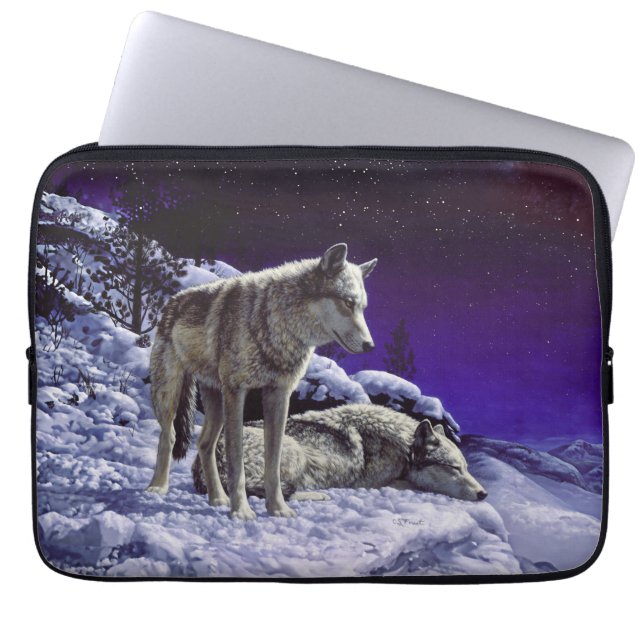 Gray Wolves in Winter Snow at Night Laptop Sleeve (Front)