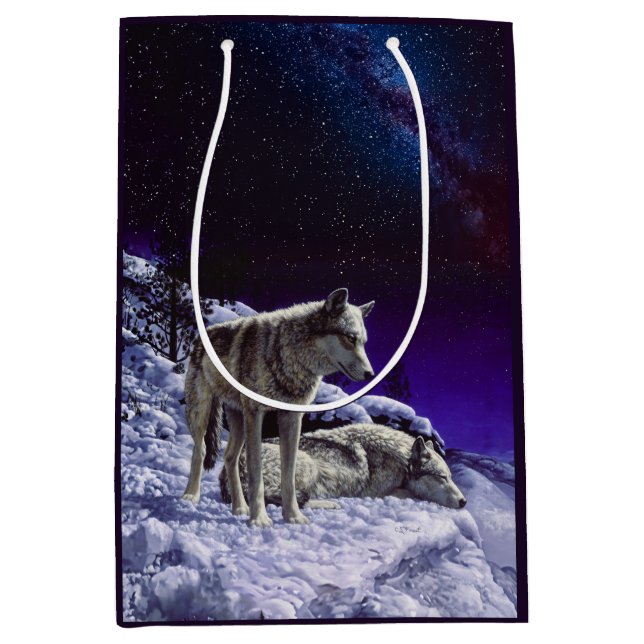 Gray Wolves in Winter Snow at Night Medium Gift Bag (Front)