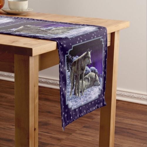 Gray Wolves in Winter Snow at Night Medium Table Runner