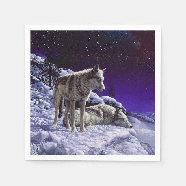 Gray Wolves in Winter Snow at Night Napkins (Front)